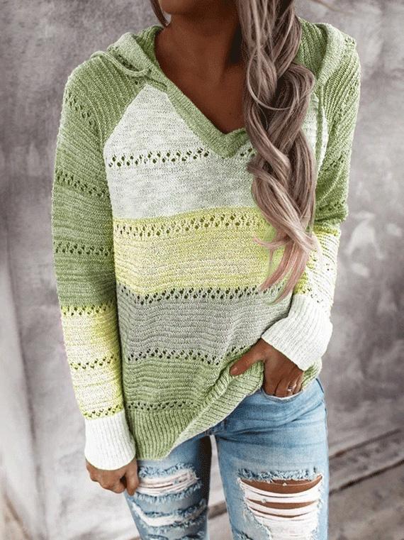Women's Sweaters Mixed Color Hollow V-Neck Long Sleeve Sweater
