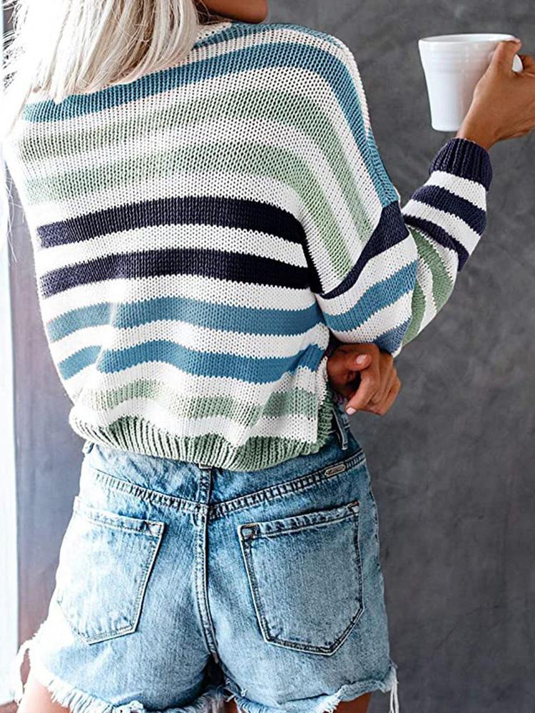 Women's Sweaters Multicolor Striped Round Neck Knitted Sweater