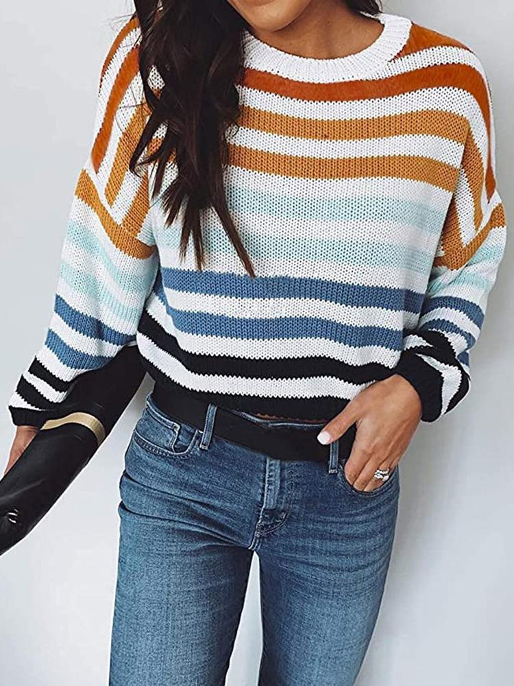 Women's Sweaters Multicolor Striped Round Neck Knitted Sweater