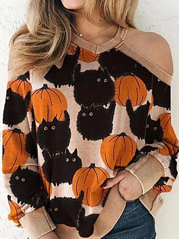 Women's Sweaters Off-The-Shoulder Cat Pumpkin Round Neck Slim Knit Sweater