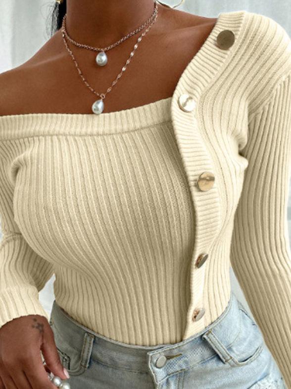 Women's Sweaters Off-The-Shoulder Stitching Button Sweaters