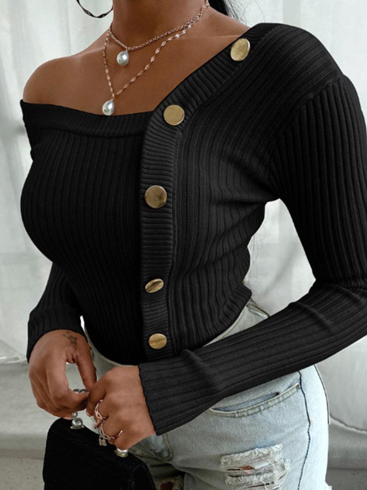Women's Sweaters Off-The-Shoulder Stitching Button Sweaters