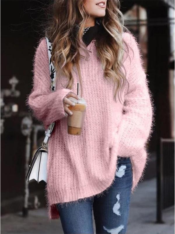 Women's Sweaters Plush Long Sleeve Pullover Knit Sweater