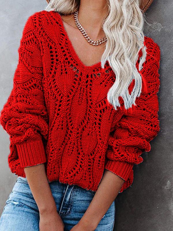 Women's Sweaters Pure Hollow V-Neck Knit Long Sleeve Sweater