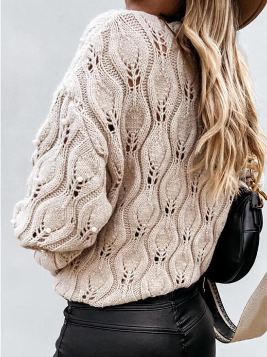 Women's Sweaters Round Neck Bead Hollow Knitted Sweater