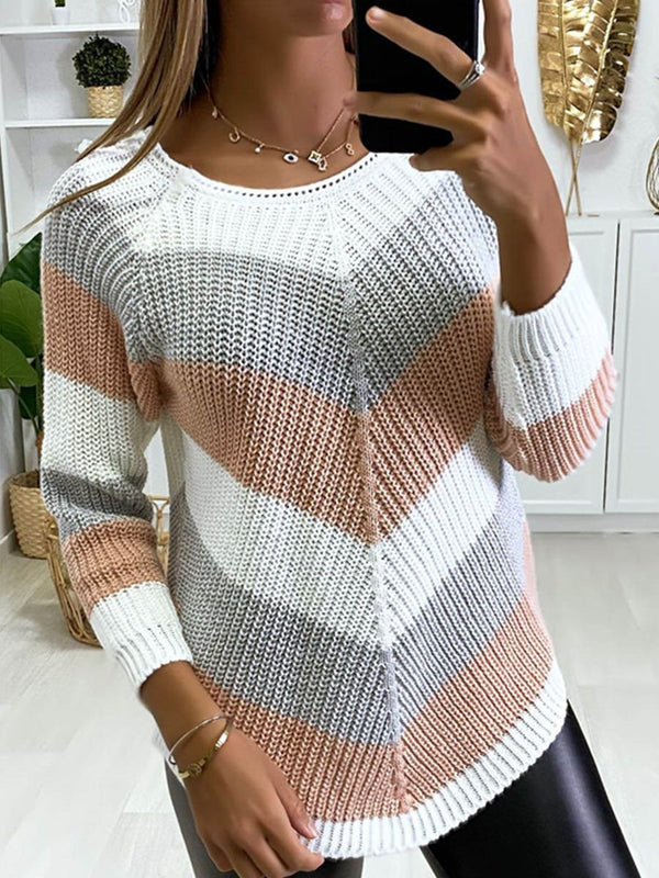 Women's Sweaters Round Neck Color Blocking Irregular Long Sleeve Sweater