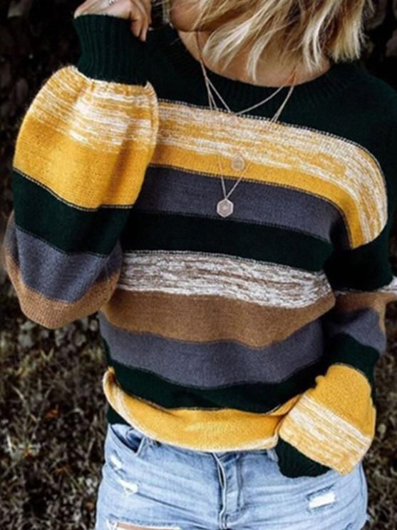 Women's Sweaters Round Neck Contrast Stitching Long Sleeve Striped Knitted Sweater