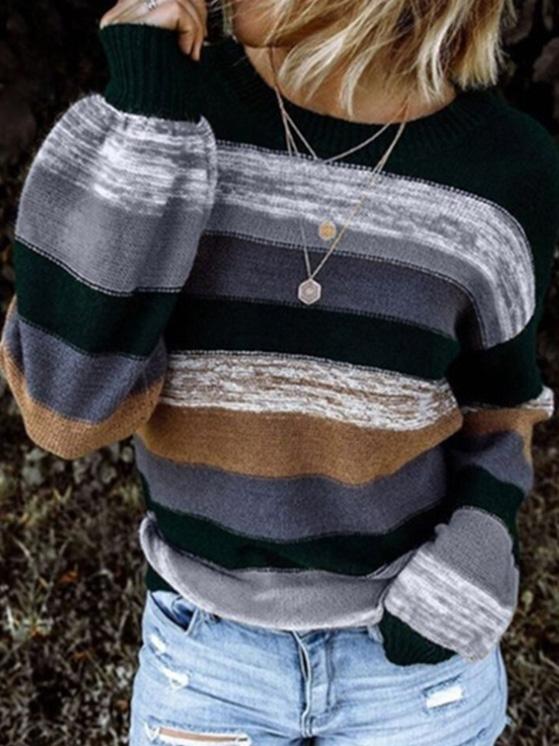 Women's Sweaters Round Neck Contrast Stitching Long Sleeve Striped Knitted Sweater