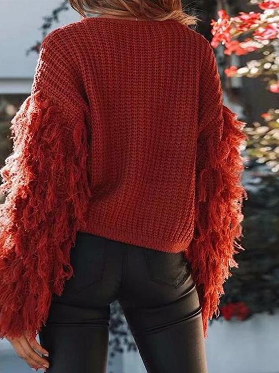 Women's Sweaters Round Neck Fringed Long Sleeve Sweater