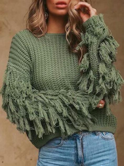 Women's Sweaters Round Neck Fringed Long Sleeve Sweater