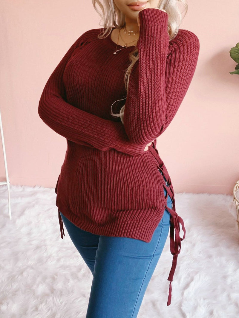 Women's Sweaters Round Neck Solid Belted Long Sleeve Sweater