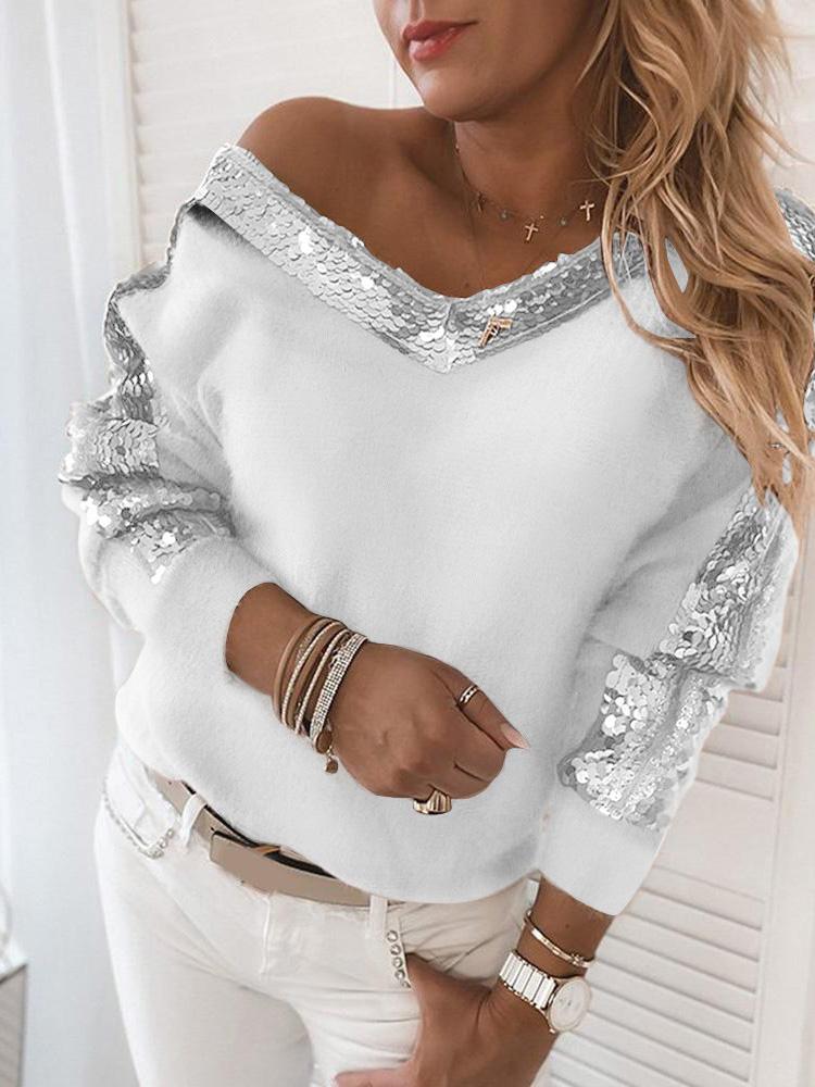 Women's Sweaters Sequin Stitching V-Neck Long Sleeve Sweaters