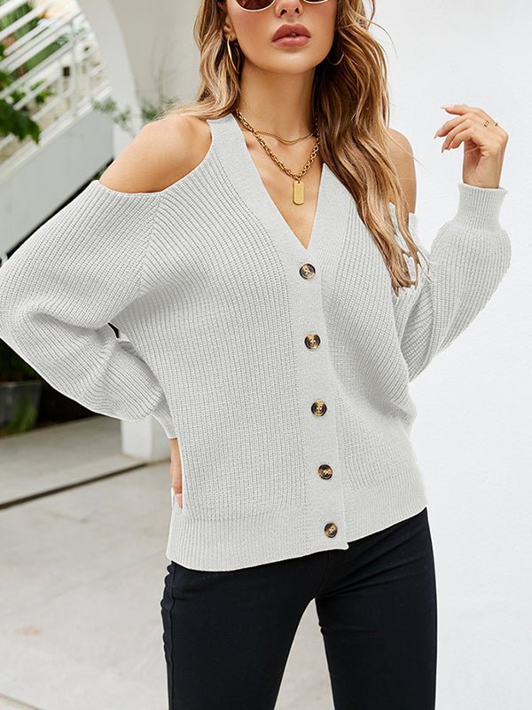 Women's Sweaters Sexy Button V-neck Off Shoulder Knitted Sweater