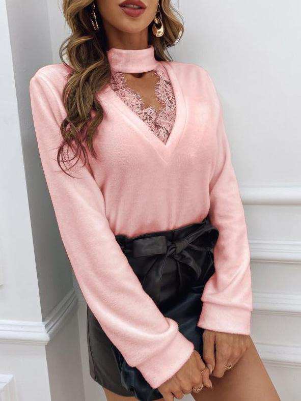 Women's Sweaters Simple Pure Lace V-Neck Long Sleeve Sweaters
