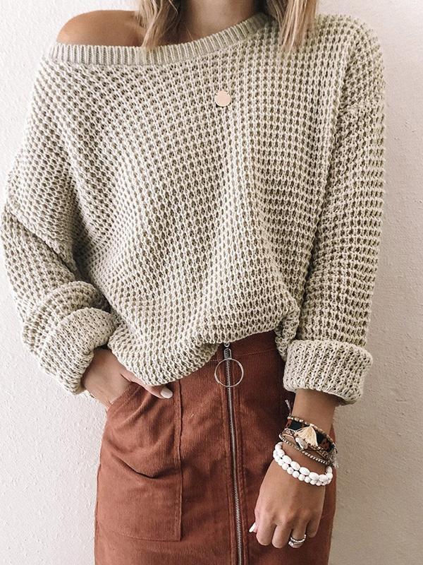 Women's Sweaters Solid Diagonal Collar Long Sleeve Knitted Sweater
