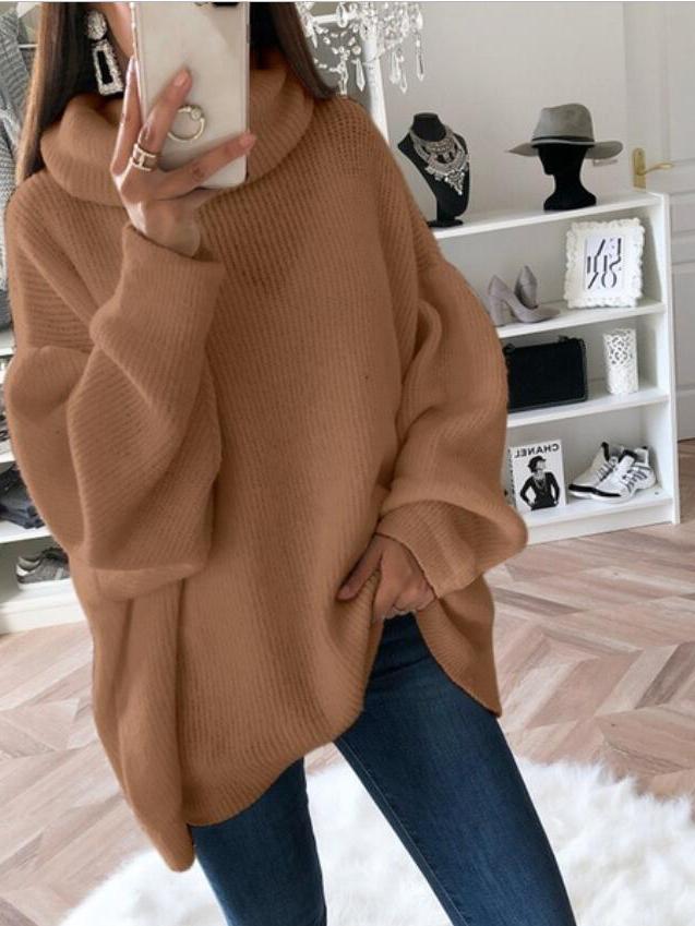 Women's Sweaters Solid High Collar Long Sleeve Knitted Sweater
