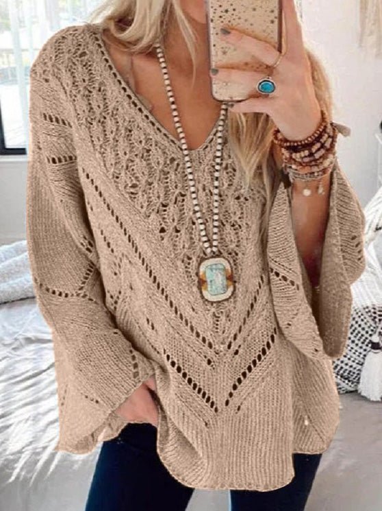 Women's Sweaters Solid V-Neck Hollow Long Sleeve Sweater