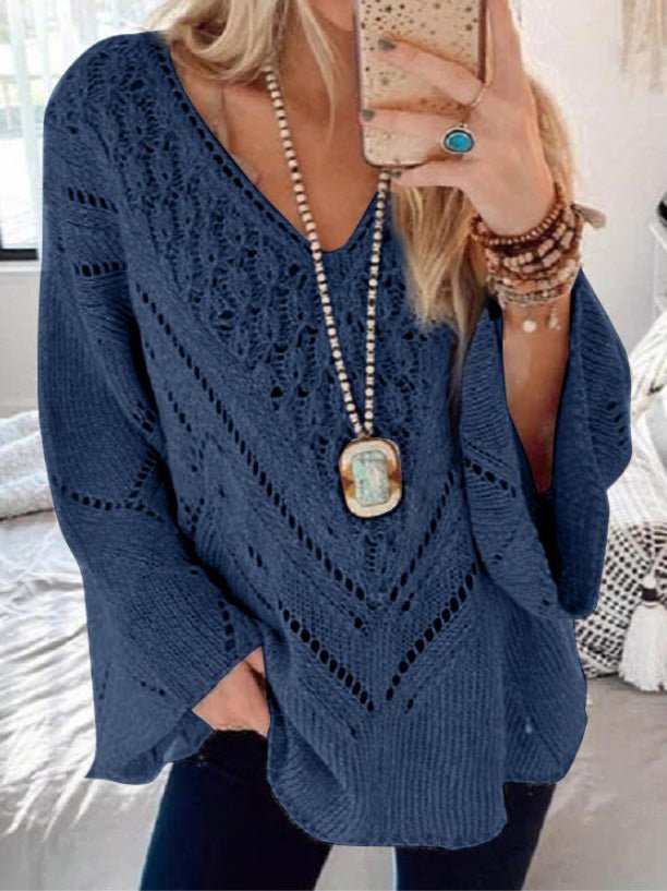 Women's Sweaters Solid V-Neck Hollow Long Sleeve Sweater