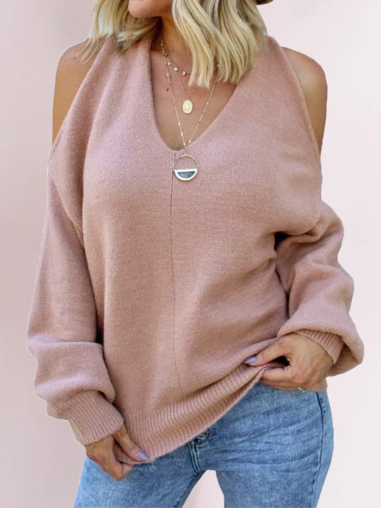 Women's Sweaters Solid V-Neck Off-Shoulder Knit Sweater