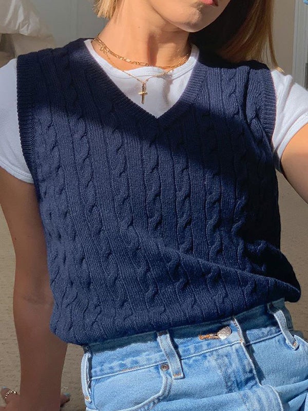 Women's Sweaters Solid V-Neck Sleeveless Vest Knitted Sweater
