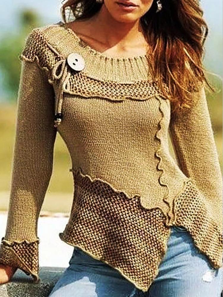 Women's Sweaters Stitching Round Neck Button Retro Long Sleeve Sweater