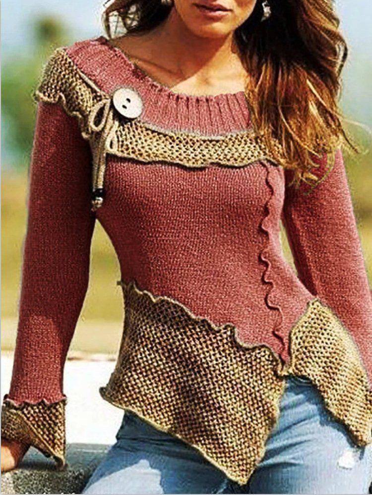 Women's Sweaters Stitching Round Neck Button Retro Long Sleeve Sweater