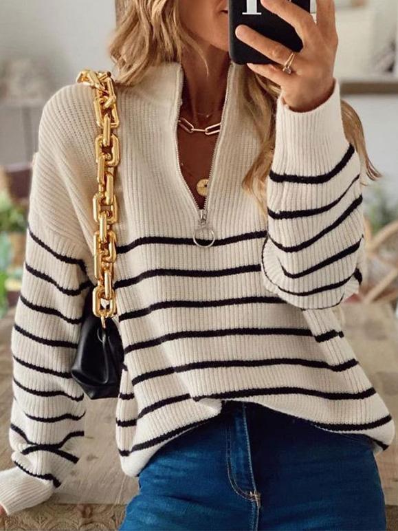 Women's Sweaters Striped Colorblock Round Neck Zipper Pullover Knitted Sweater