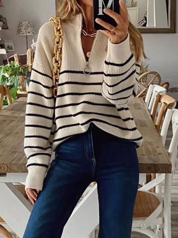 Women's Sweaters Striped Colorblock Round Neck Zipper Pullover Knitted Sweater