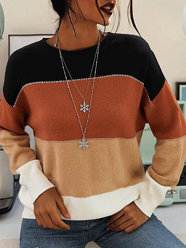 Women's Sweaters Striped Contrast Long Sleeve Round Neck Knitted Sweater