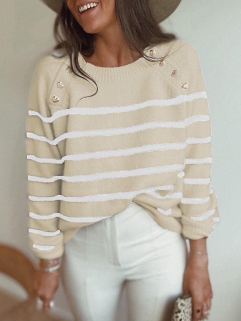 Women's Sweaters Striped Pullover Shoulder Button Knitted Sweater