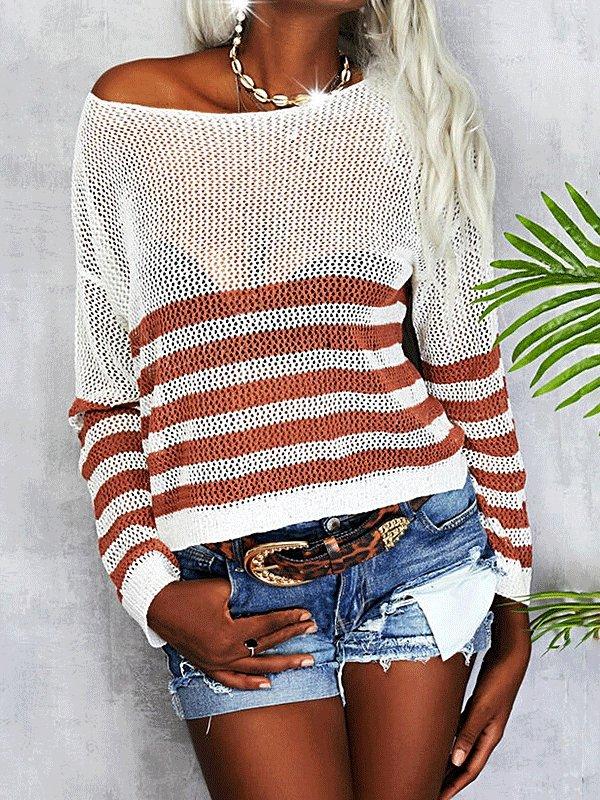 Women's Sweaters Striped See-Through Round Neck Long Sleeve Sweater