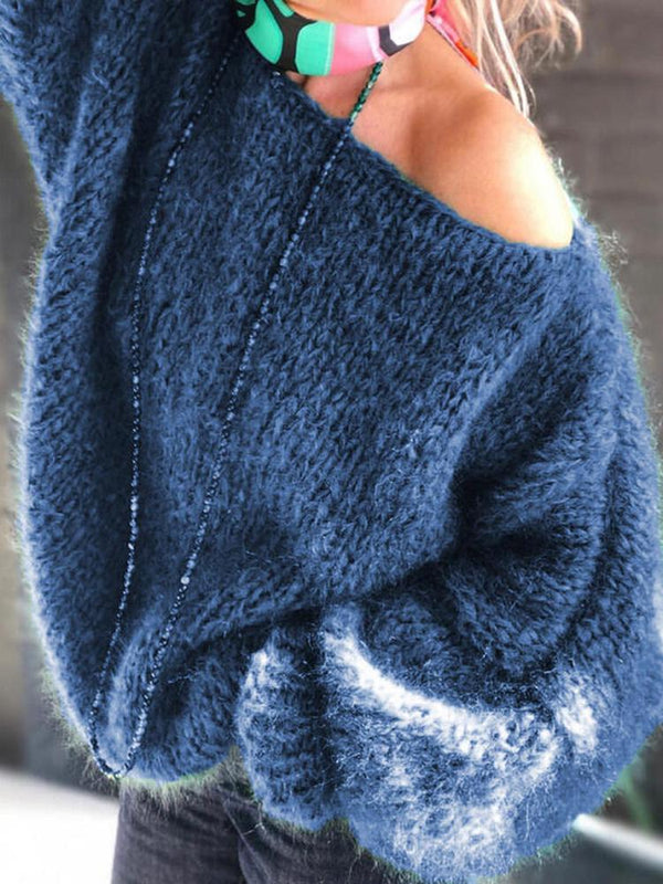 Women's Sweaters Temperament Oblique Shoulder Long Sleeve Sweater