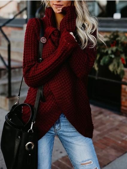 Women's Sweaters Turtleneck Button Long Sleeve Irregular Knit Sweater