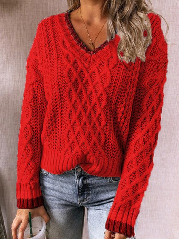 Women's Sweaters Twisted V-Neck Knitted Long Sleeve Sweater