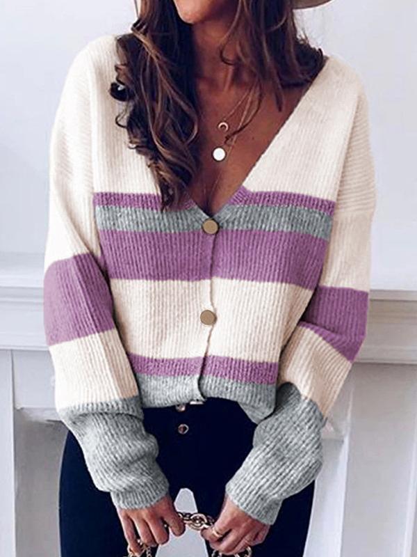 Women's Sweaters V-Neck Button Stripe Stitching Sweater Cardigan