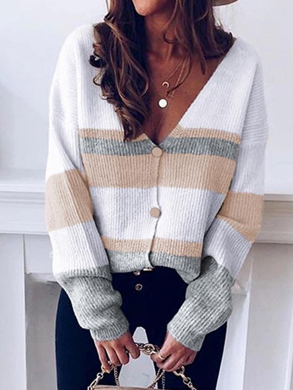 Women's Sweaters V-Neck Button Stripe Stitching Sweater Cardigan