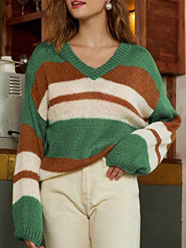 Women's Sweaters V-Neck Color-Block Long Sleeve Knitted Sweater