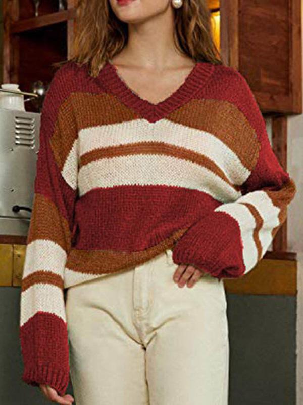 Women's Sweaters V-Neck Color-Block Long Sleeve Knitted Sweater