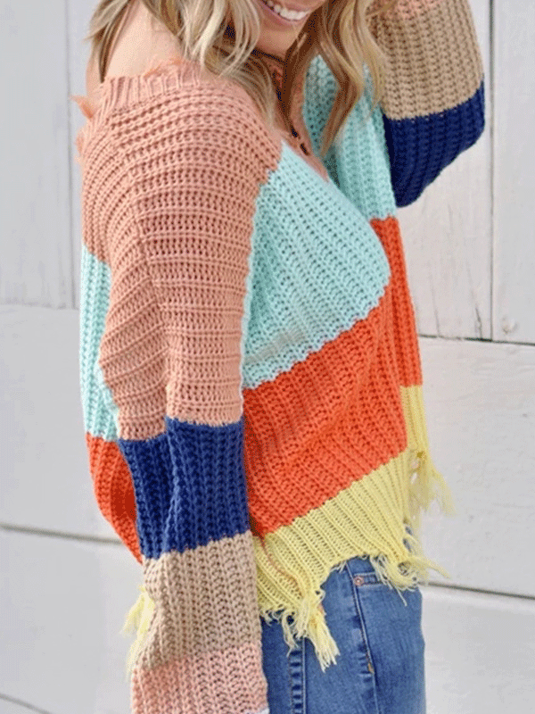 Women's Sweaters V-Neck Contrast Striped Fringe Long Sleeve Sweater