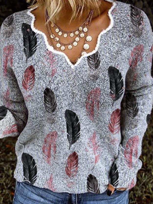 Women's Sweaters V-Neck Feather Print Long Sleeve Sweater