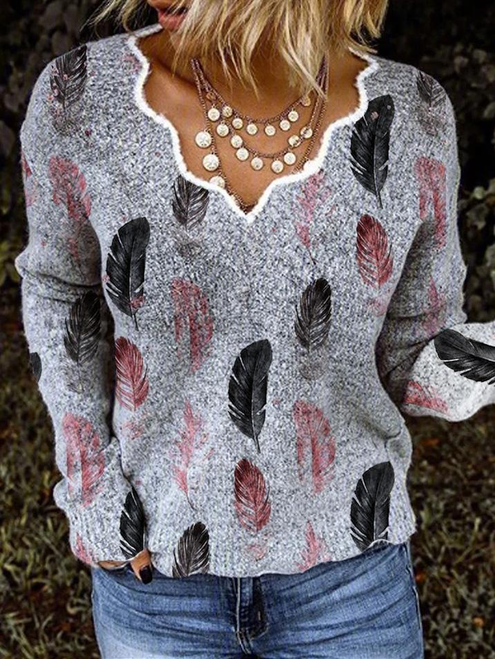 Women's Sweaters V-Neck Feather Print Long Sleeve Sweater