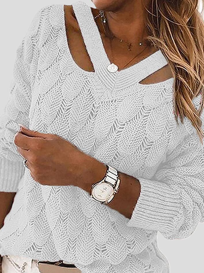 Women's Sweaters V-Neck Hollow Long Sleeve Knitted Sweater
