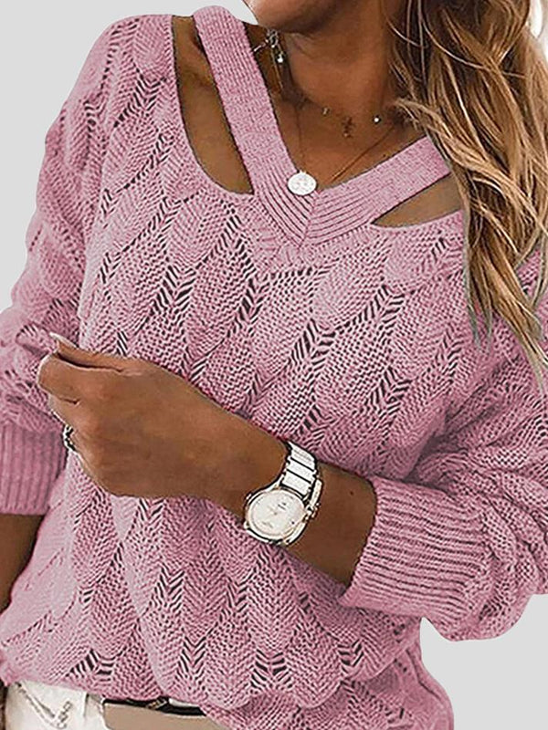 Women's Sweaters V-Neck Hollow Long Sleeve Knitted Sweater