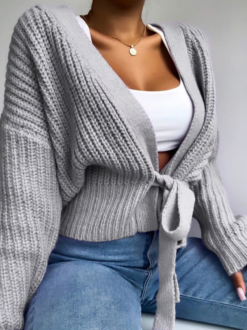 Women's Sweaters V-Neck Long Sleeve Lace-Up Knitted Sweater