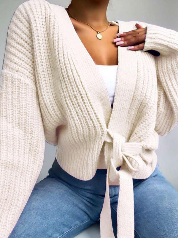 Women's Sweaters V-Neck Long Sleeve Lace-Up Knitted Sweater
