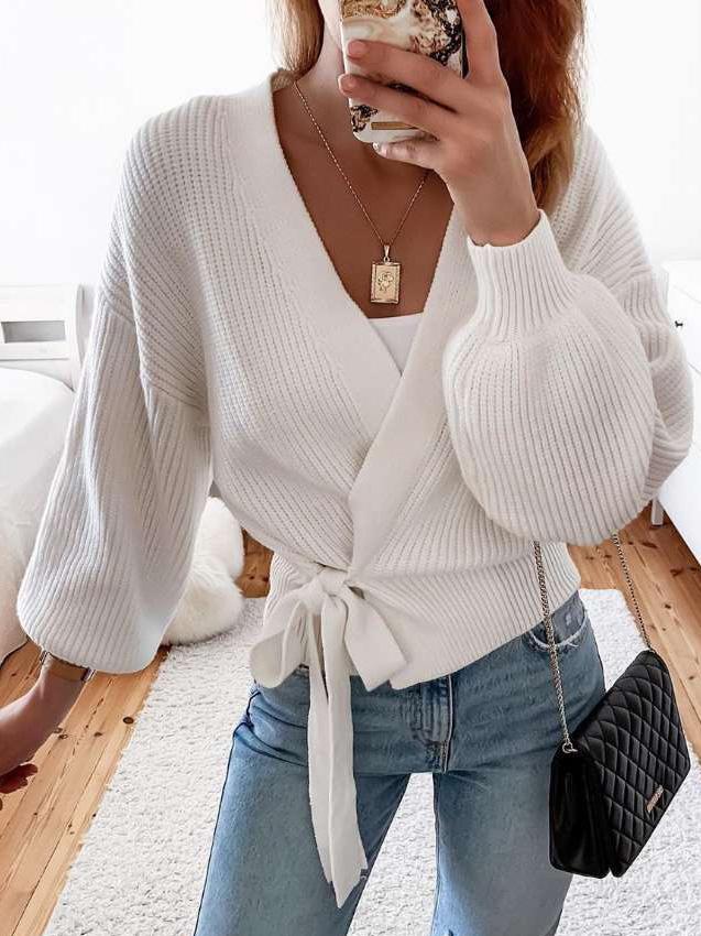 Women's Sweaters V-Neck Long Sleeve Lace-Up Knitted Sweater