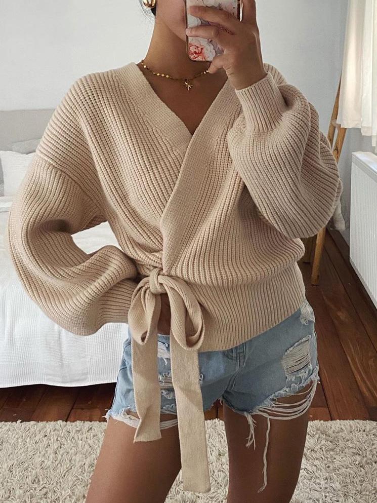 Women's Sweaters V-Neck Long Sleeve Lace-Up Knitted Sweater