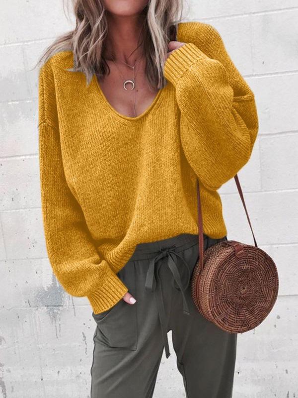 Women's Sweaters V-Neck Long Sleeve Solid Loose Knit Sweater