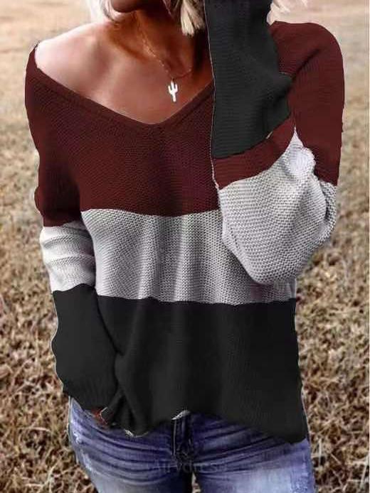Women's Sweaters V-Neck Long Sleeve Striped Knitted Sweater