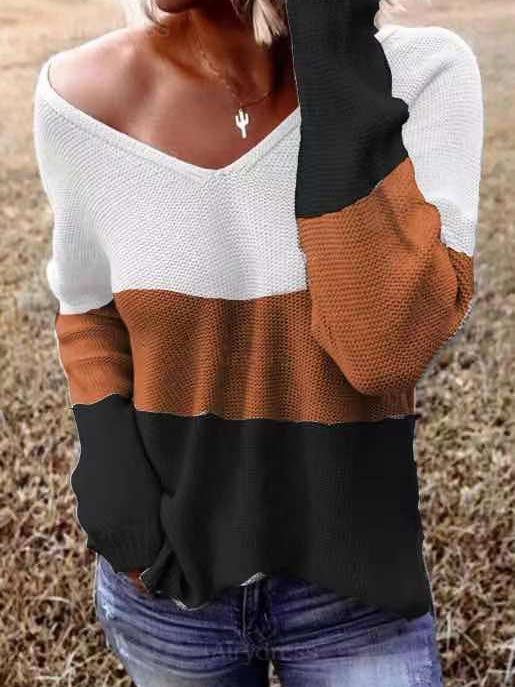 Women's Sweaters V-Neck Long Sleeve Striped Knitted Sweater